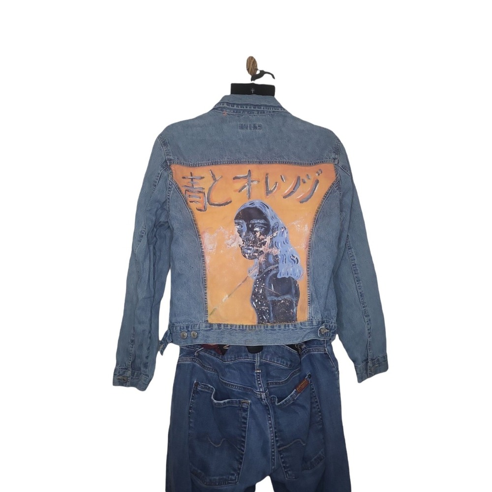 French Cuff Womens Size L Denim Jacket Art Graphic Painted Casual Boho Blue Tops